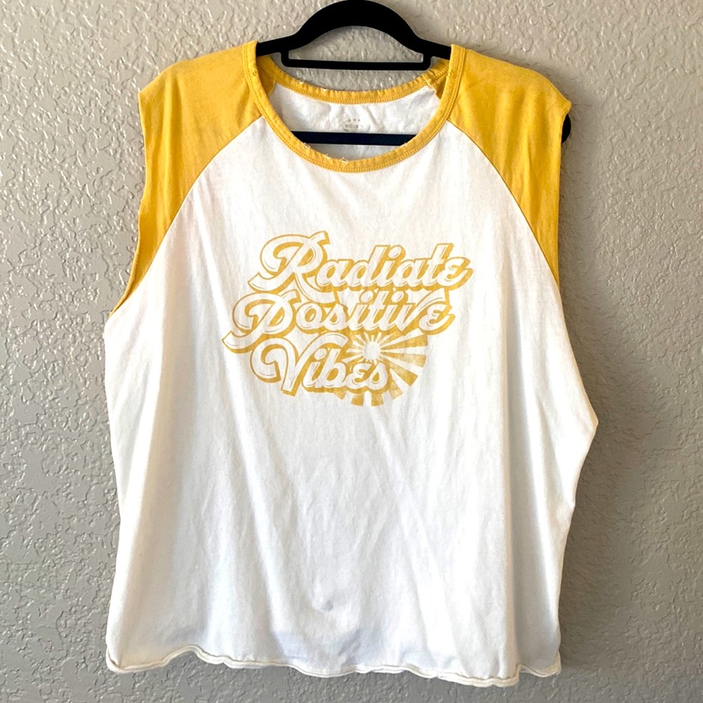 Scoop 3X Distressed Tank Radiate Positive Vibes White and Yellow